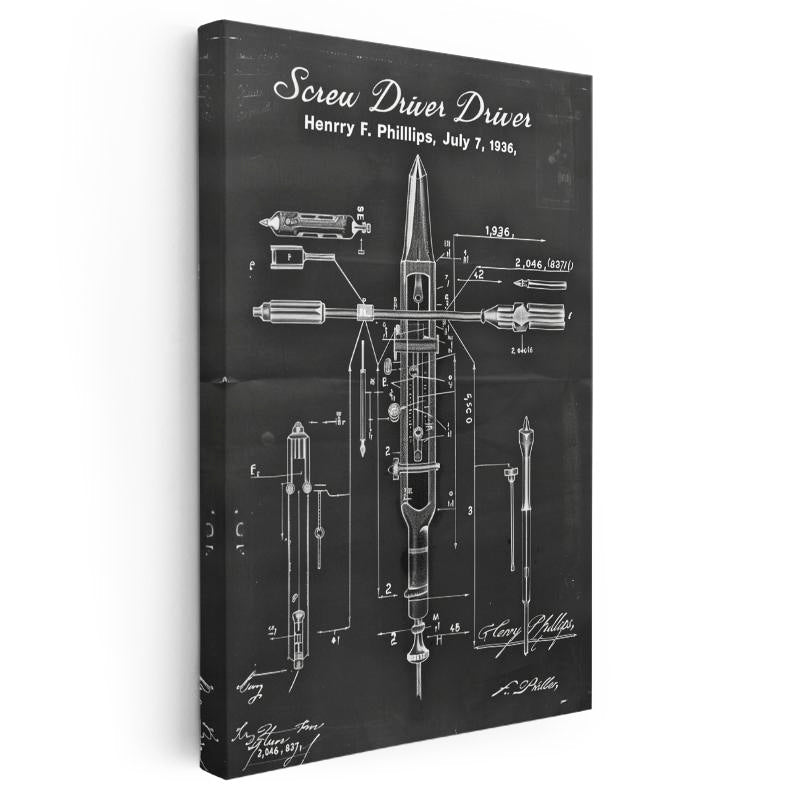 Dikey Kanvas Tablo Tornavida Patent Çizimi Teknik Detaylı Vintage Tablo Ev Ofis Duvar Dekoru