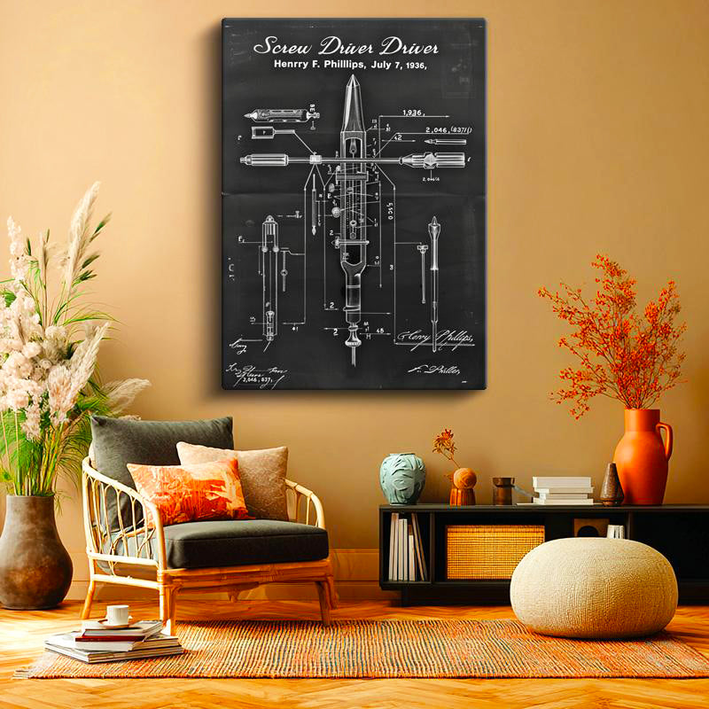 Dikey Kanvas Tablo Tornavida Patent Çizimi Teknik Detaylı Vintage Tablo Ev Ofis Duvar Dekoru