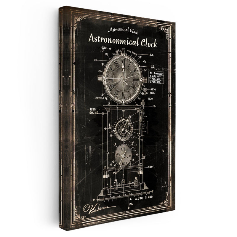 Dikey Kanvas Tablo Astronomik Saat Patent Çizimi Şık Vintage Tablo Ev Ofis Duvar Dekoru