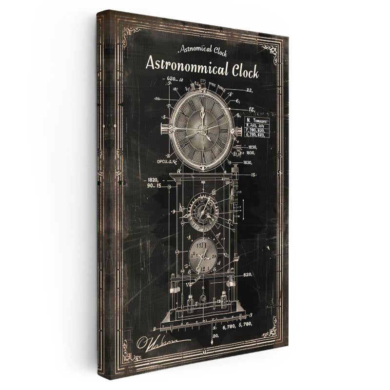 Dikey Kanvas Tablo Astronomik Saat Patent Çizimi Şık Vintage Tablo Ev Ofis Duvar Dekoru
