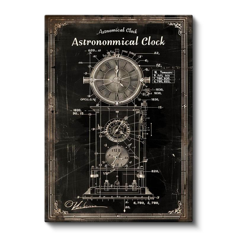 Dikey Kanvas Tablo Astronomik Saat Patent Çizimi Şık Vintage Tablo Ev Ofis Duvar Dekoru