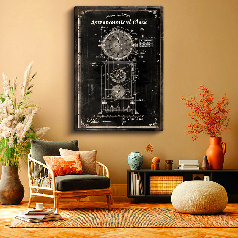 Dikey Kanvas Tablo Astronomik Saat Patent Çizimi Şık Vintage Tablo Ev Ofis Duvar Dekoru