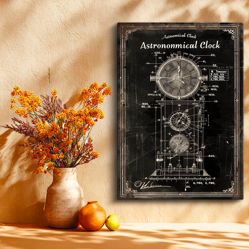 Dikey Kanvas Tablo Astronomik Saat Patent Çizimi Şık Vintage Tablo Ev Ofis Duvar Dekoru