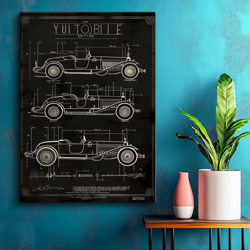 Dikey Kanvas Tablo Eski Model Üç Otomobil Patent Çizimi Taşıt Vintage Tablo Ev Ofis Duvar Dekoru