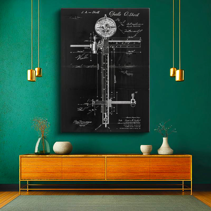 Dikey Kanvas Tablo Hassas Ölçüm Mekanizması Patent Çizimi Teknik Vintage Tablo Ev Ofis Duvar Dekoru