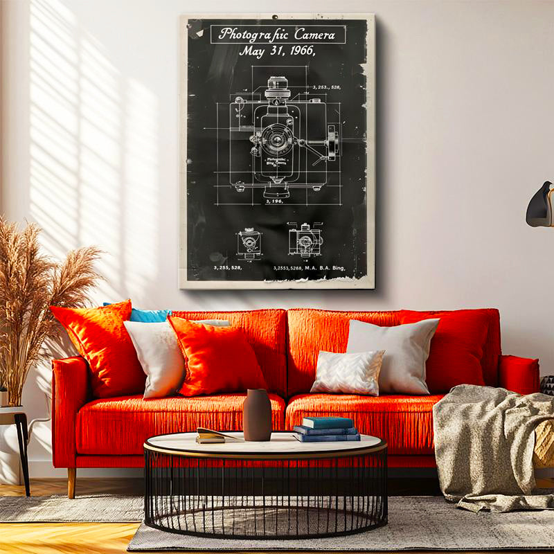 Dikey Kanvas Tablo Fotoğraf Makinesi Patent Çizimi Teknik Vintage Tablo Ev Ofis Duvar Dekoru