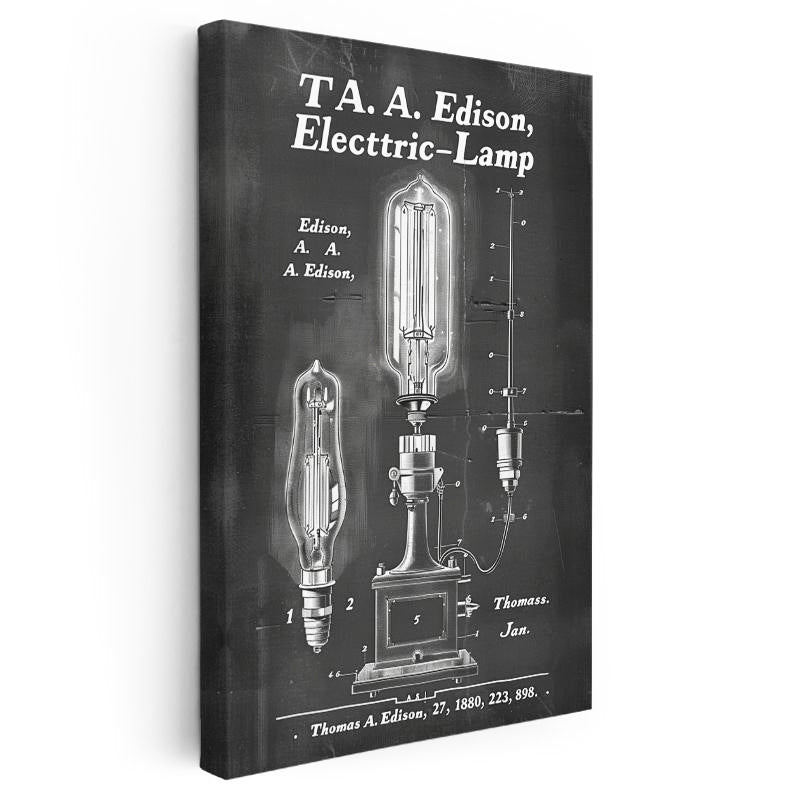 Dikey Kanvas Tablo Edison Ampulü ve Mekanizması Patent Vintage Tablo Ev Ofis Duvar Dekoru