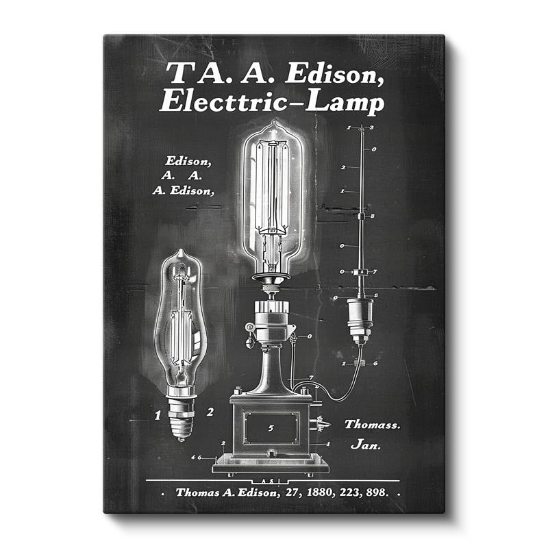 Dikey Kanvas Tablo Edison Ampulü ve Mekanizması Patent Vintage Tablo Ev Ofis Duvar Dekoru