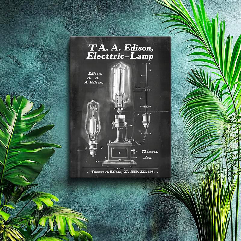 Dikey Kanvas Tablo Edison Ampulü ve Mekanizması Patent Vintage Tablo Ev Ofis Duvar Dekoru