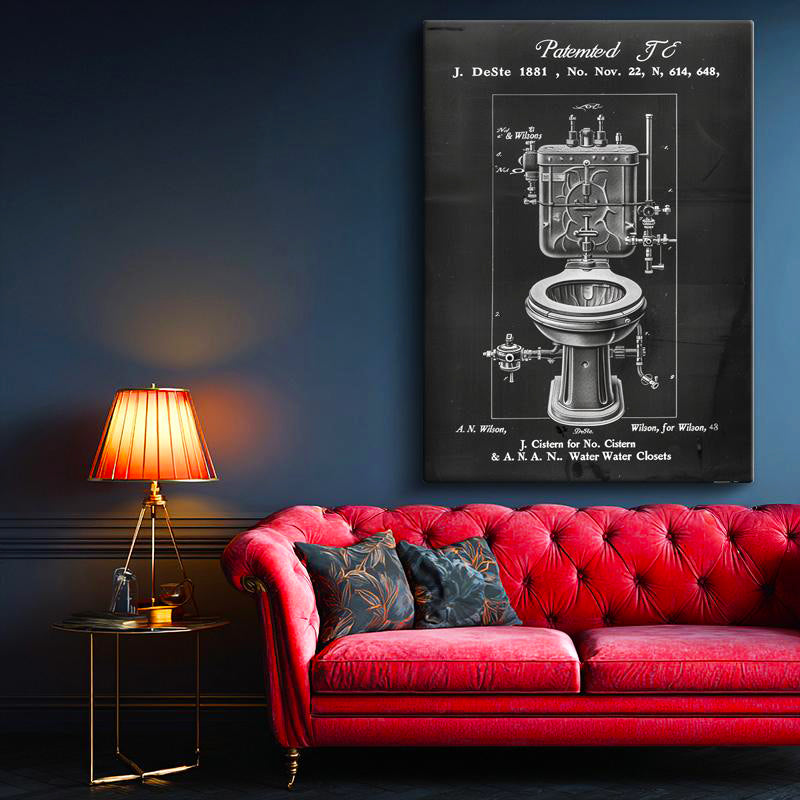 Dikey Kanvas Tablo Antik Tuvalet Mekanizması Patent Çizimi Teknik Vintage Tablo Ev Ofis Duvar Dekoru