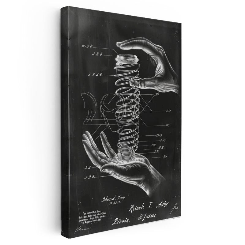 Dikey Kanvas Tablo Ellerde Yay Mekanizması Patent Çizimi Teknik Vintage Tablo Ev Ofis Duvar Dekoru
