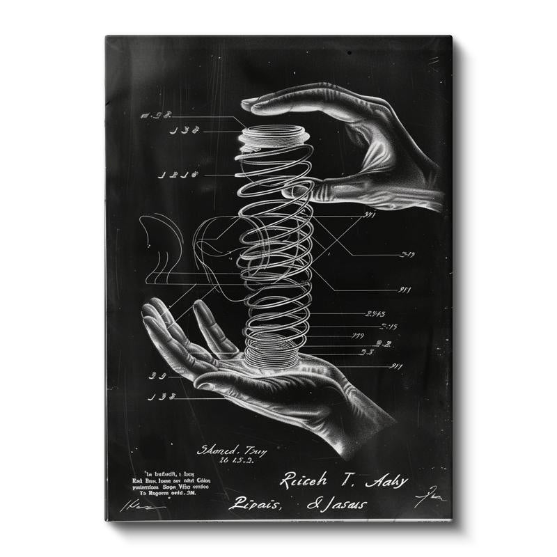 Dikey Kanvas Tablo Ellerde Yay Mekanizması Patent Çizimi Teknik Vintage Tablo Ev Ofis Duvar Dekoru