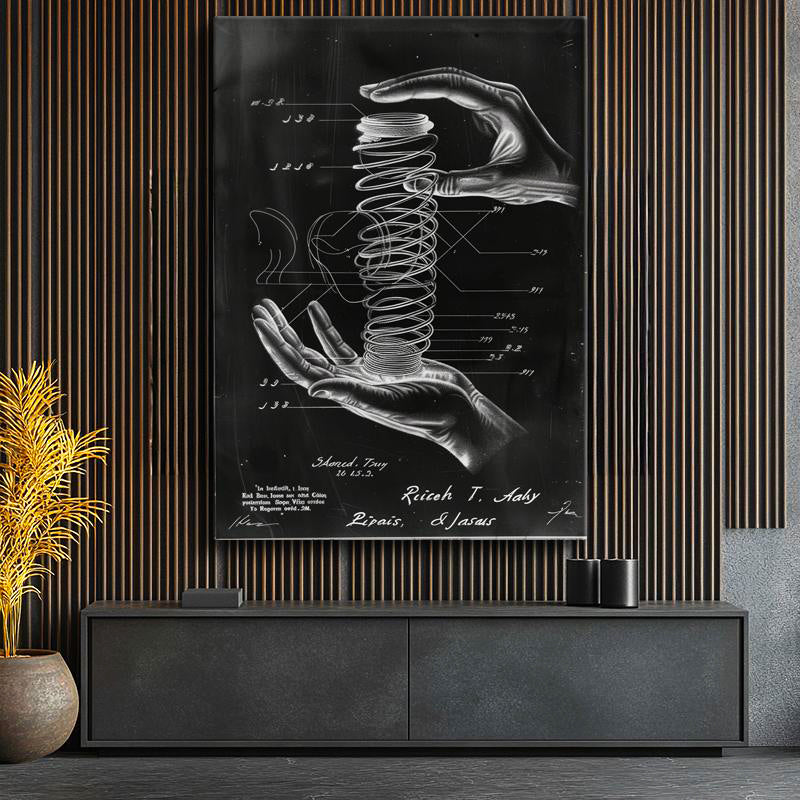 Dikey Kanvas Tablo Ellerde Yay Mekanizması Patent Çizimi Teknik Vintage Tablo Ev Ofis Duvar Dekoru