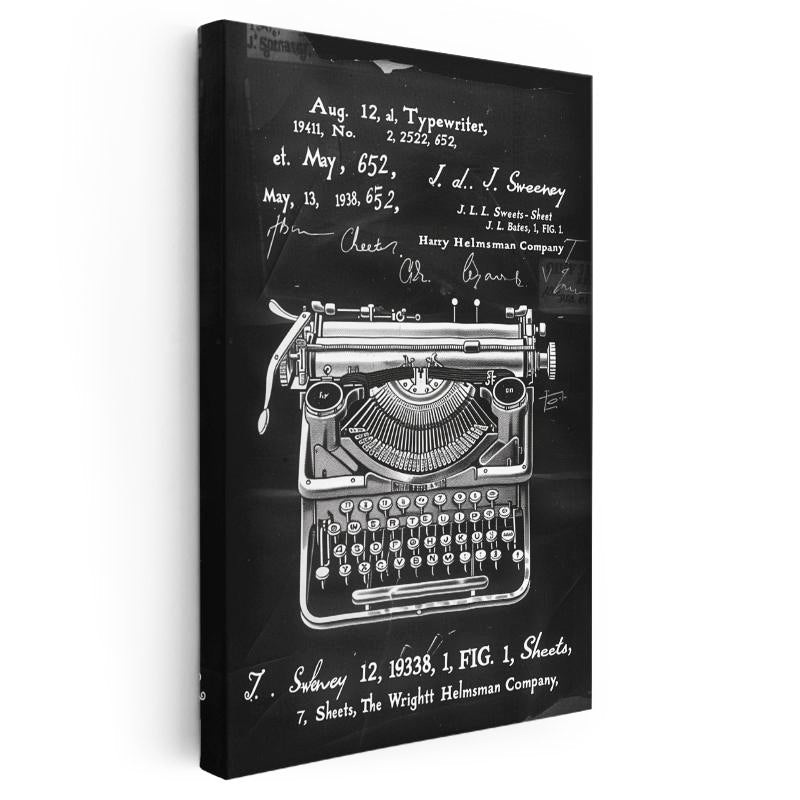 Dikey Kanvas Tablo Daktilo Patent Çizimi Detaylı Vintage Tablo Ev Ofis Duvar Dekoru