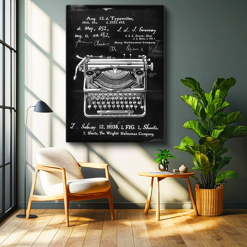 Dikey Kanvas Tablo Daktilo Patent Çizimi Detaylı Vintage Tablo Ev Ofis Duvar Dekoru