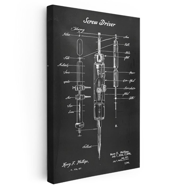 Dikey Kanvas Tablo Tornavida ve Uçları Patent Çizimi Teknik Vintage Tablo Ev Ofis Duvar Dekoru