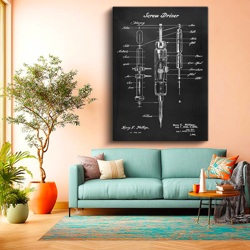 Dikey Kanvas Tablo Tornavida ve Uçları Patent Çizimi Teknik Vintage Tablo Ev Ofis Duvar Dekoru