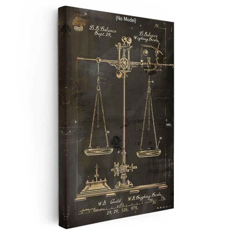 Dikey Kanvas Tablo Hassas Terazi Patent Çizimi Altın Detay Vintage Tablo Ev Ofis Duvar Dekoru