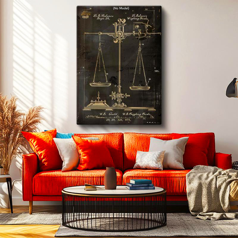 Dikey Kanvas Tablo Hassas Terazi Patent Çizimi Altın Detay Vintage Tablo Ev Ofis Duvar Dekoru