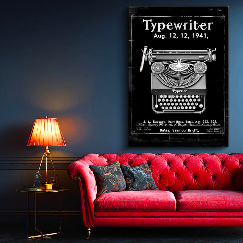 Dikey Kanvas Tablo Daktilo Makinesi Patent Çizimi Üstten Görünüm Vintage Tablo Ev Ofis Duvar Dekoru