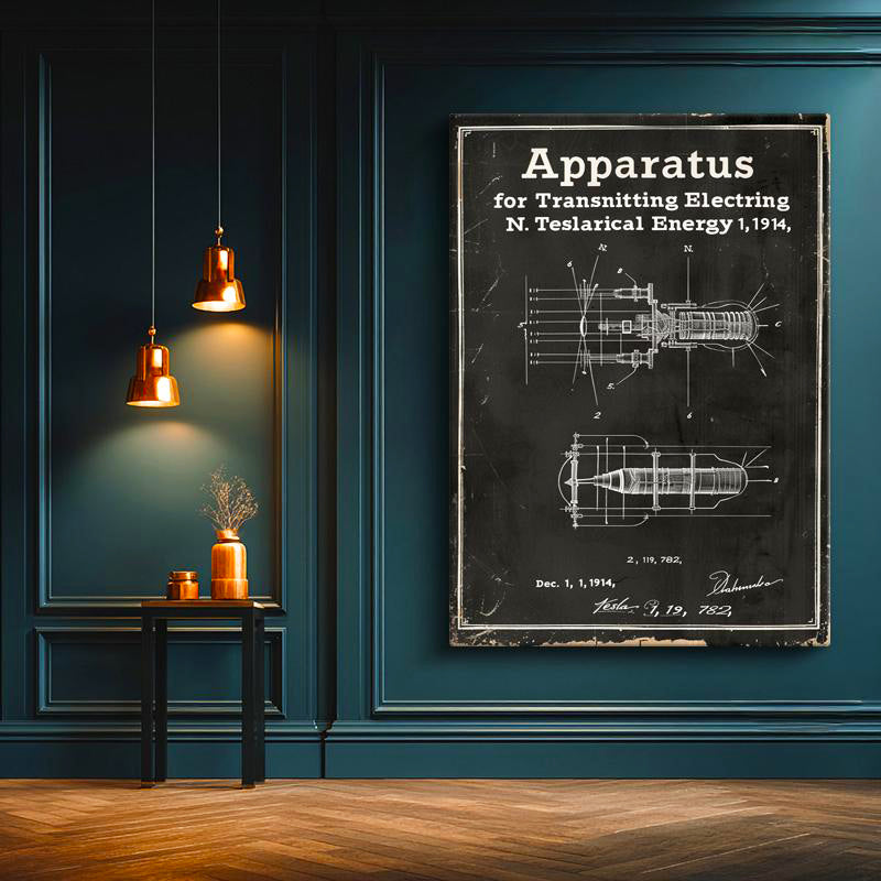 Dikey Kanvas Tablo Tesla Enerji İletim Aparatı Patent Teknik Vintage Tablo Ev Ofis Duvar Dekoru