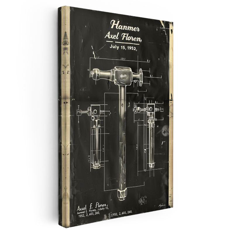 Dikey Kanvas Tablo Çekiç Patent Çizimi Teknik Detaylı Vintage Tablo Ev Ofis Duvar Dekoru