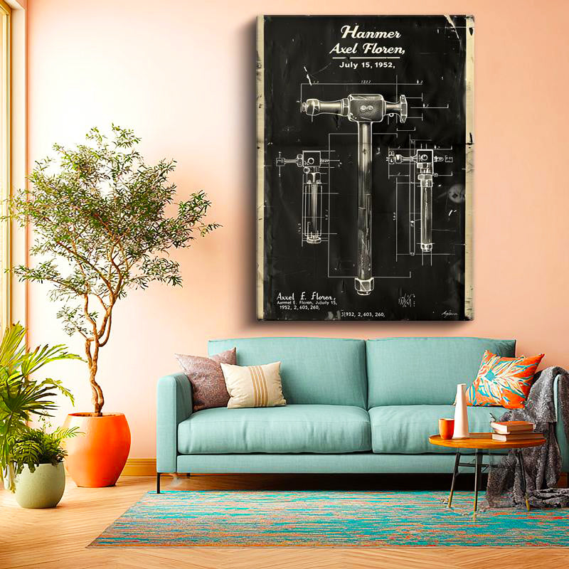 Dikey Kanvas Tablo Çekiç Patent Çizimi Teknik Detaylı Vintage Tablo Ev Ofis Duvar Dekoru