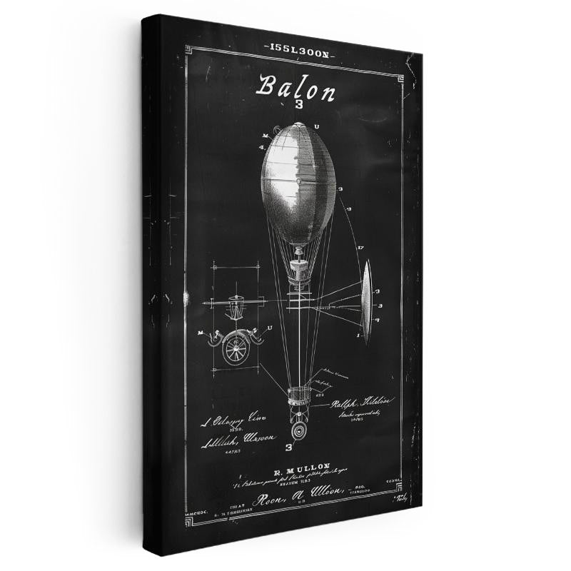Dikey Kanvas Tablo Balon Patent Çizimi Teknik Detaylı Taşıt Vintage Tablo Ev Ofis Duvar Dekoru