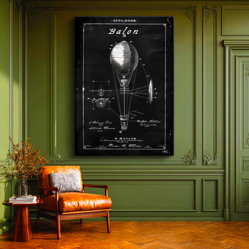 Dikey Kanvas Tablo Balon Patent Çizimi Teknik Detaylı Taşıt Vintage Tablo Ev Ofis Duvar Dekoru