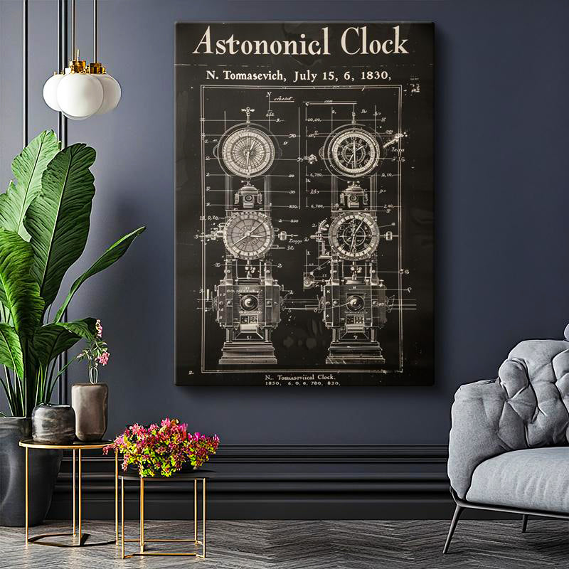Dikey Kanvas Tablo Astronomik Saat Mekanizması Patent Vintage Tablo Ev Ofis Duvar Dekoru