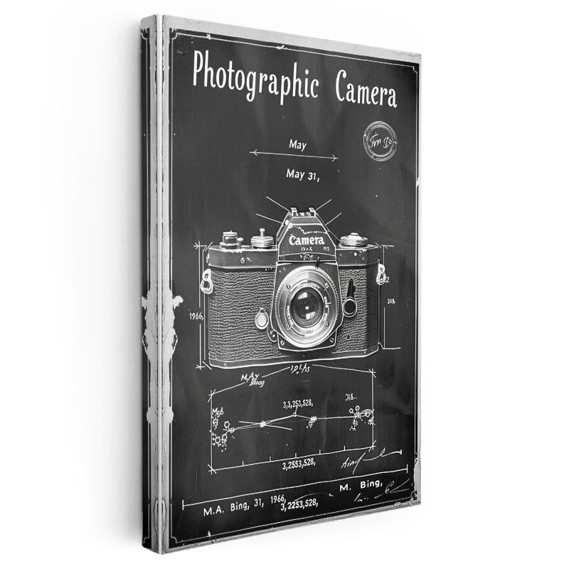 Dikey Kanvas Tablo Fotoğraf Makinesi Teknik Çizimi Ön Cephe Vintage Tablo Ev Ofis Duvar Dekoru