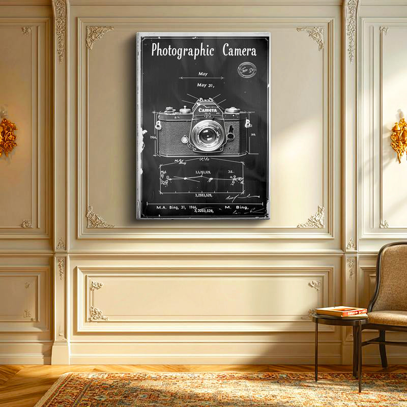 Dikey Kanvas Tablo Fotoğraf Makinesi Teknik Çizimi Ön Cephe Vintage Tablo Ev Ofis Duvar Dekoru
