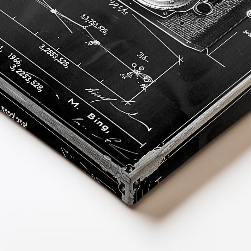 Dikey Kanvas Tablo Fotoğraf Makinesi Teknik Çizimi Ön Cephe Vintage Tablo Ev Ofis Duvar Dekoru