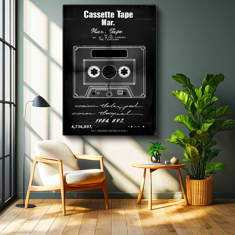 Dikey Kanvas Tablo Kaset Patent Çizimi Sade Vintage Tablo Ev Ofis Duvar Dekoru