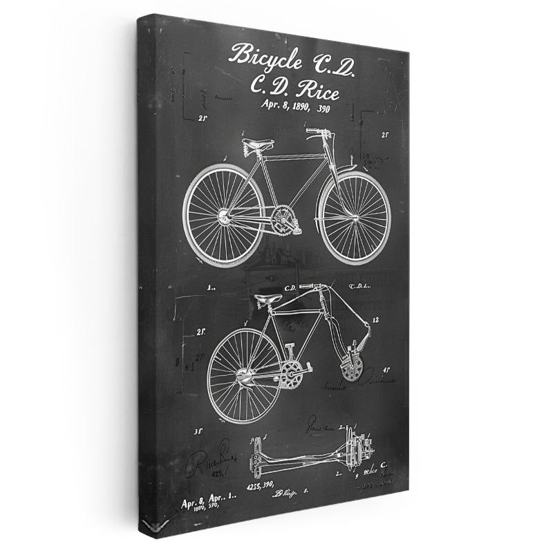Dikey Kanvas Tablo Bisiklet Teknik Çizimi Ön ve Yan Görünüm Taşıt Vintage Tablo Ev Ofis Duvar Dekoru