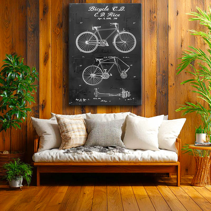 Dikey Kanvas Tablo Bisiklet Teknik Çizimi Ön ve Yan Görünüm Taşıt Vintage Tablo Ev Ofis Duvar Dekoru