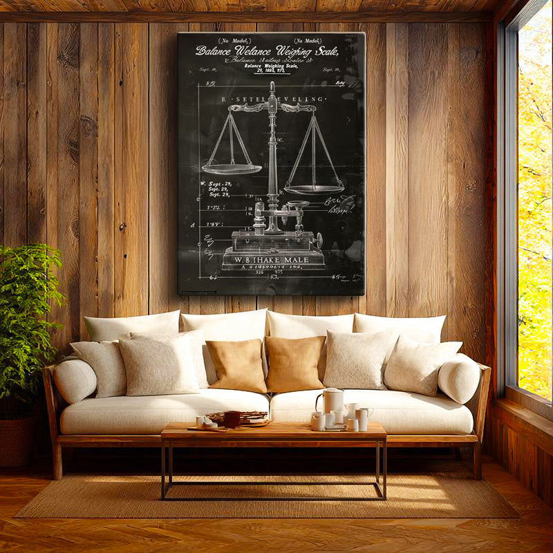Dikey Kanvas Tablo Antik Denge Terazisi Patent Çizimi Teknik Vintage Tablo Duvar Dekoru