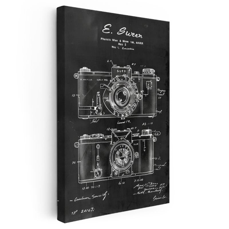Dikey Kanvas Tablo Çift Kamera Patent Çizimi Teknik Detay Vintage Tablo Ev Ofis Duvar Dekoru