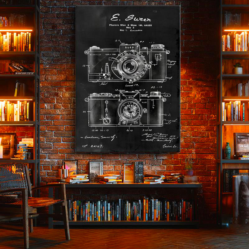 Dikey Kanvas Tablo Çift Kamera Patent Çizimi Teknik Detay Vintage Tablo Ev Ofis Duvar Dekoru
