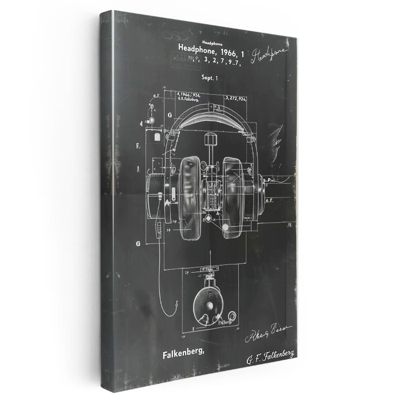 Dikey Kanvas Tablo Kulaklık Patent Çizimi Teknik Detaylı Vintage Tablo Ev Ofis Duvar Dekoru