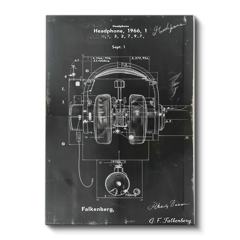 Dikey Kanvas Tablo Kulaklık Patent Çizimi Teknik Detaylı Vintage Tablo Ev Ofis Duvar Dekoru