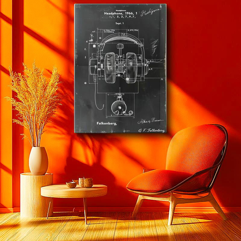 Dikey Kanvas Tablo Kulaklık Patent Çizimi Teknik Detaylı Vintage Tablo Ev Ofis Duvar Dekoru