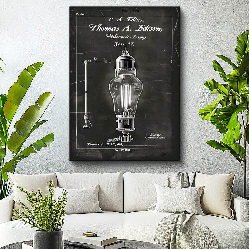 Dikey Kanvas Tablo Edison Lambası Patent Çizimi Armatür Vintage Tablo Ev Ofis Duvar Dekoru