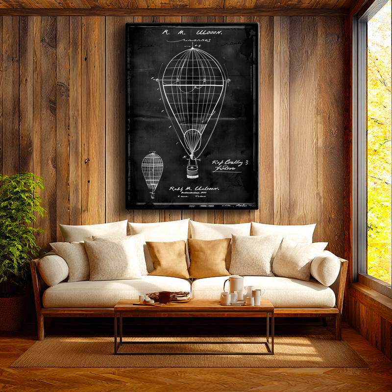 Dikey Kanvas Tablo Balon ve Sepeti Patent Çizimi Teknik Vintage Tablo Ev Ofis Duvar Dekoru