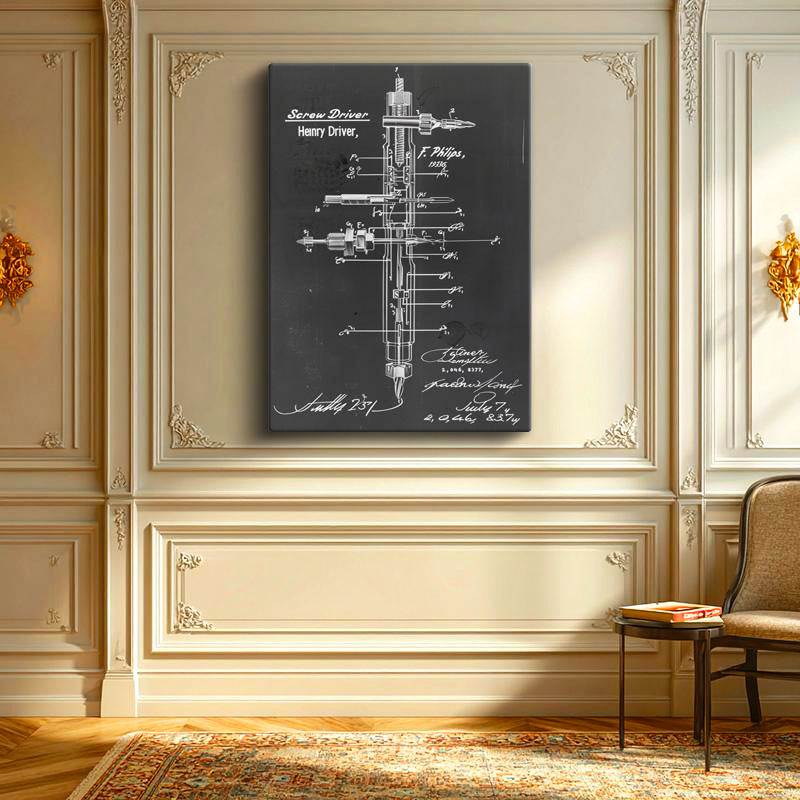 Dikey Kanvas Tablo Tornavida İç Mekanizma Patent Teknik Vintage Tablo Ev Ofis Duvar Dekoru