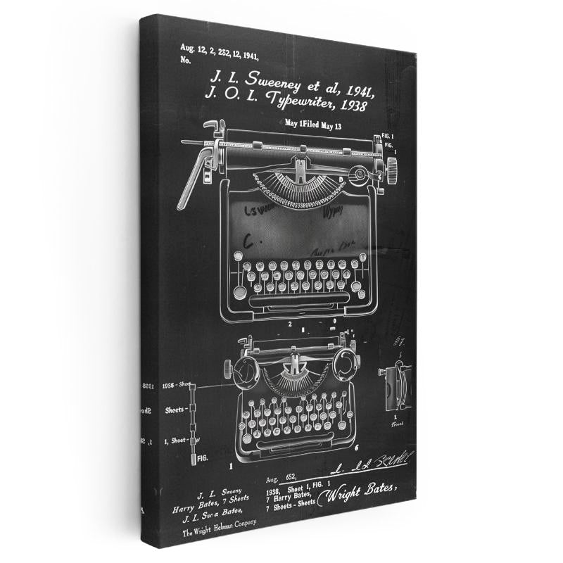 Dikey Kanvas Tablo Daktilo Patent Çizimi İki Farklı Görünüm Vintage Tablo Ev Ofis Duvar Dekoru