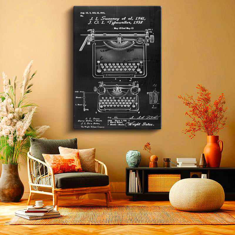 Dikey Kanvas Tablo Daktilo Patent Çizimi İki Farklı Görünüm Vintage Tablo Ev Ofis Duvar Dekoru