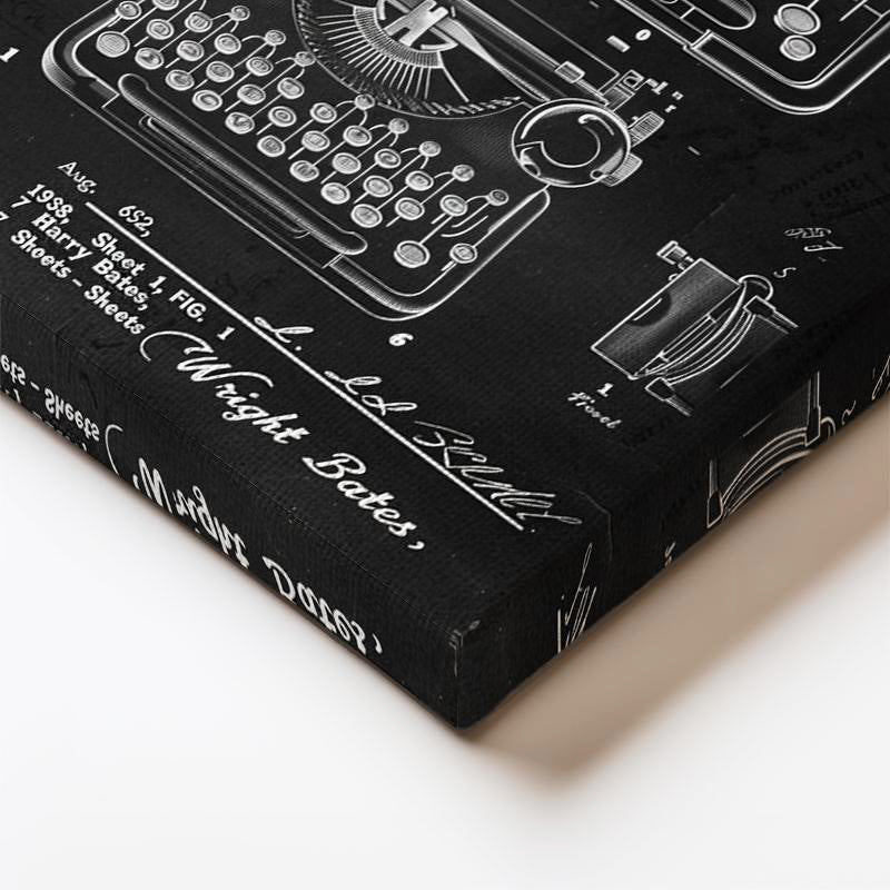 Dikey Kanvas Tablo Daktilo Patent Çizimi İki Farklı Görünüm Vintage Tablo Ev Ofis Duvar Dekoru