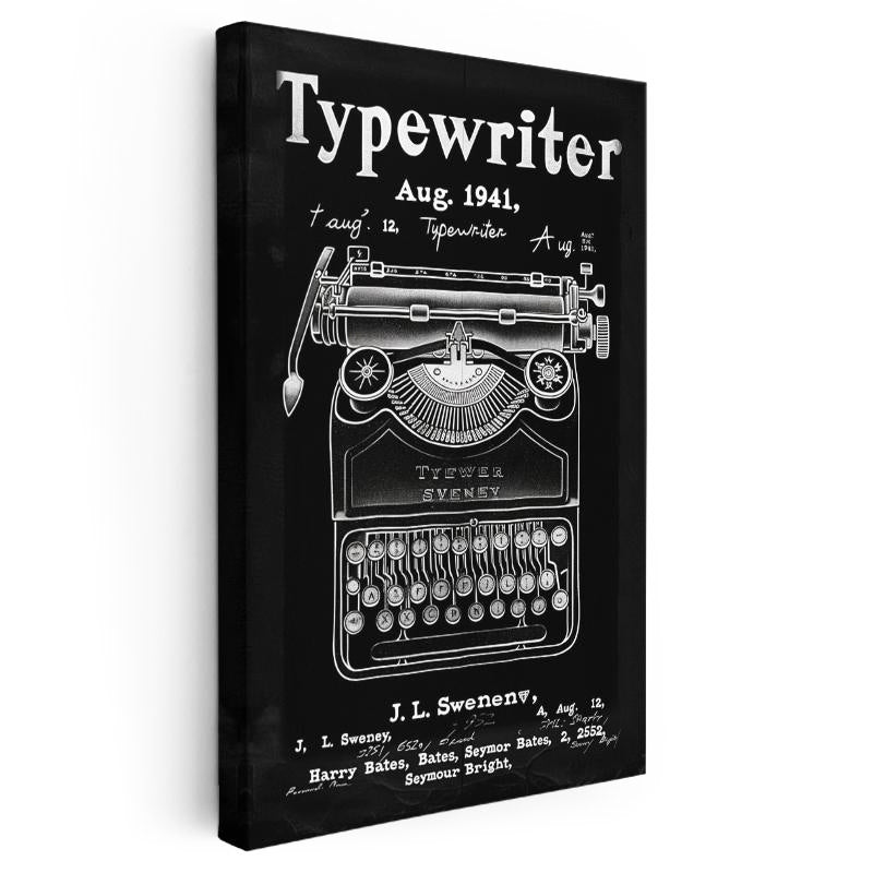 Dikey Kanvas Tablo Daktilo Patent Çizimi Klavye Detayı Vintage Tablo Ev Ofis Duvar Dekoru
