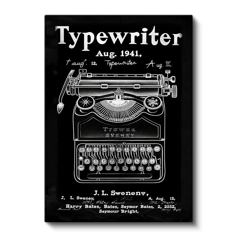 Dikey Kanvas Tablo Daktilo Patent Çizimi Klavye Detayı Vintage Tablo Ev Ofis Duvar Dekoru